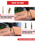 Illustration showing how to use the 15 Piece Stripped Screw Extractor Set With Left Hand Drill Bits HSS Steel No Sweat Easy Out Kit 6542 4341 Includes One Quarter Inch Adapter For Electric Drill To Remove Stripped Screws Bolts, with drill bits and extraction bits in action.