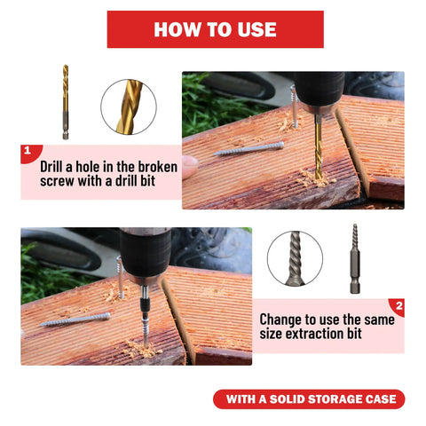 Illustration showing how to use the 15 Piece Stripped Screw Extractor Set With Left Hand Drill Bits HSS Steel No Sweat Easy Out Kit 6542 4341 Includes One Quarter Inch Adapter For Electric Drill To Remove Stripped Screws Bolts, with drill bits and extraction bits in action.