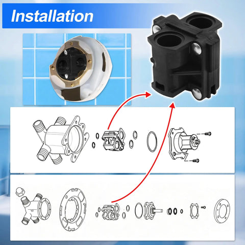 Installation guide showing Pressure Balancing Shower Cartridge For One Half Inch Valves Replacement Aftermarket Part With O Ring