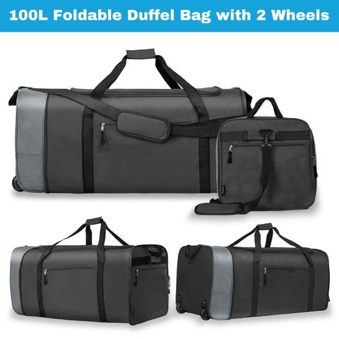 Finnhomy 100L foldable rolling duffel bag with 2 wheels, dark gray travel luggage with shoulder strap