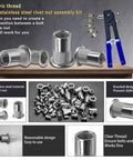 Rivet Nut Tool Kit Workhorse 750 Pieces Stainless Steel Rivet Nuts And Installation Tool Set shown with tools and components.