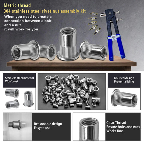 Rivet Nut Tool Kit Workhorse 750 Pieces Stainless Steel Rivet Nuts And Installation Tool Set shown with tools and components.