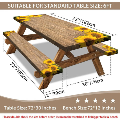 Sunflower Themed 6Ft Picnic Table Cover With Elastic Bench Covers Waterproof Fitted Tablecloths Wood Grain Outdoor Gear