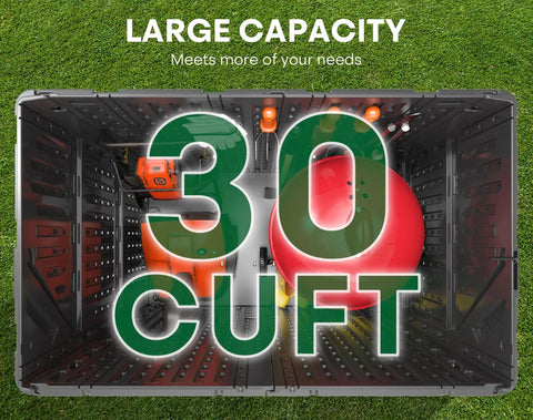 Inside view of 30 Cu Ft Waterproof Horizontal Resin Outdoor Storage Cabinet with large capacity for lawn gear and tools