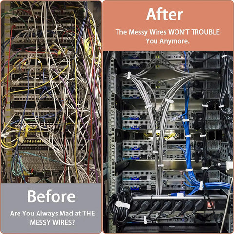 Comparison of tangled wires before and organized cables after using Heavy Duty Nylon Zip Ties 24 Inch Self Locking Wire Ties 30 Pack.