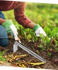 Person using Multifunctional Stainless Steel Garden Hoe For Weeding Digging And Cultivating Lightweight Handy Do It All Tool