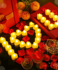 Heart-shaped LED tealights with 6000 artificial rose petals for romantic nights, valentines, weddings, proposals, and anniversary decor.