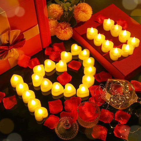 Heart-shaped LED tealights with 6000 artificial rose petals for romantic nights, valentines, weddings, proposals, and anniversary decor.