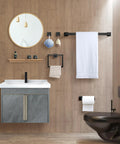 All In One 5 Piece Matte Black Stainless Steel Bathroom Hardware Set For Wall Mounted Towel Bars And Accessories installed