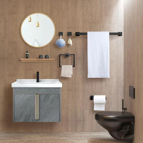 All In One 5 Piece Matte Black Stainless Steel Bathroom Hardware Set For Wall Mounted Towel Bars And Accessories installed