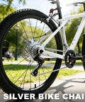 Silver bike with Universal Bike Chain for Six to Twelve Speed Bikes with Tough As Nails Strength, Long Lasting Durability.