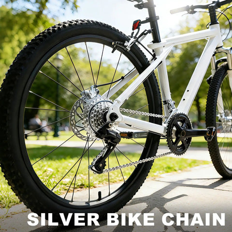 Silver bike with Universal Bike Chain for Six to Twelve Speed Bikes with Tough As Nails Strength, Long Lasting Durability.