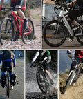 Collage of bikes: mountain bike on trail, electric bike on road, touring bike with panniers, bike in water, downhill bike in dirt.