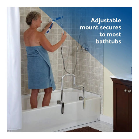 Senior using Tri-Grip Bathtub Handle Grab Bar With Chrome Finish For Seniors And Folks With Disabilities for safe shower access