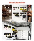 E Track Tie Down Rail Kit 4 Pack 2 Ft Rails With Ratchet Straps mounted in garage and van, holding tools and gear, showcasing wide application.