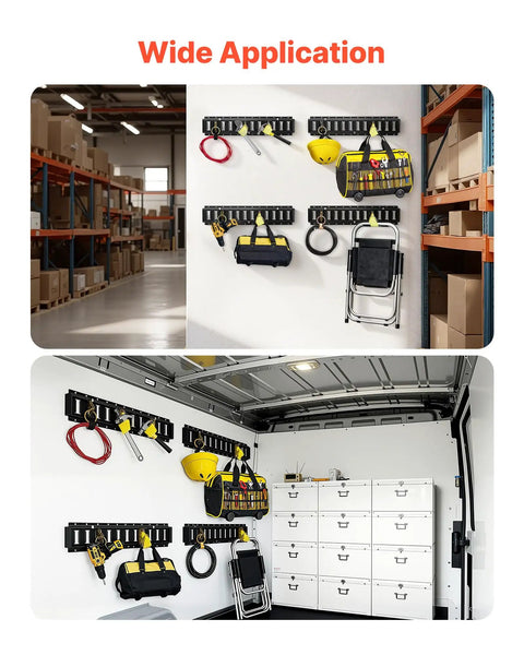 E Track Tie Down Rail Kit 4 Pack 2 Ft Rails With Ratchet Straps mounted in garage and van, holding tools and gear, showcasing wide application.