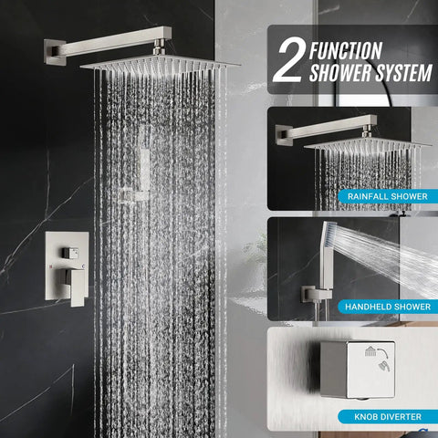 Badass 10 Inch Rainfall Shower Head And Faucet Set In Brush Nickel Finish With Solid 304 Stainless Steel Build For A Legit High Pressure Bathroom Setup That Flows Like Butter Daily