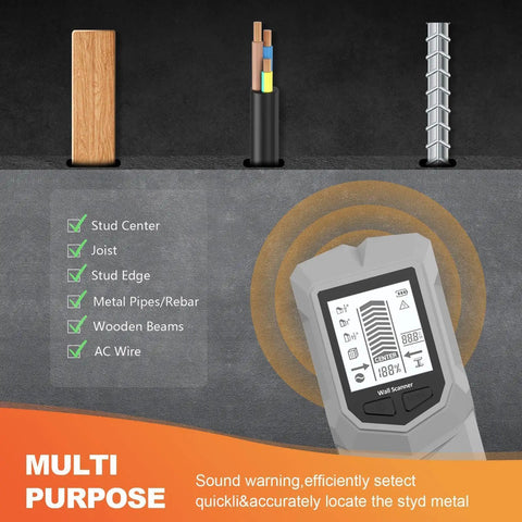 Beam Finder for Walls Leveler, Detector, Depth Recognition Detector Tool detecting wood, metal, and AC wire in image.