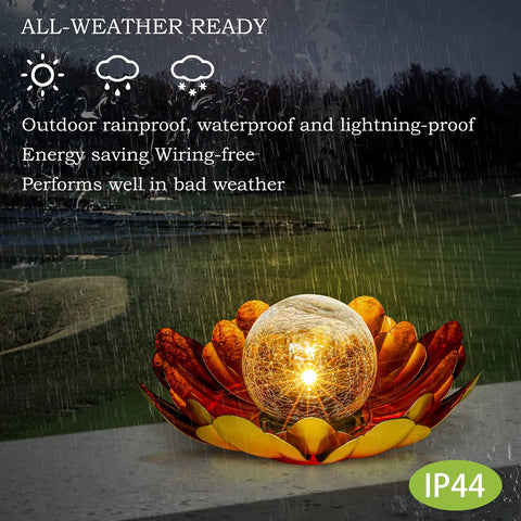 Solar Lotus Flower Light Outdoor Decor for Garden Backyard Waterproof Metal Yard Ornament glowing in the rain