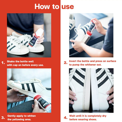 Instructions for using Make Your Kicks White Again With This Sneaker Whitener For Shoes That Works On Canvas Leather Foam And Rubber 2.53 Fluid Ounces With Wide Sponge Applicator For Quick Easy Coverage And Instant Yellowing Removal