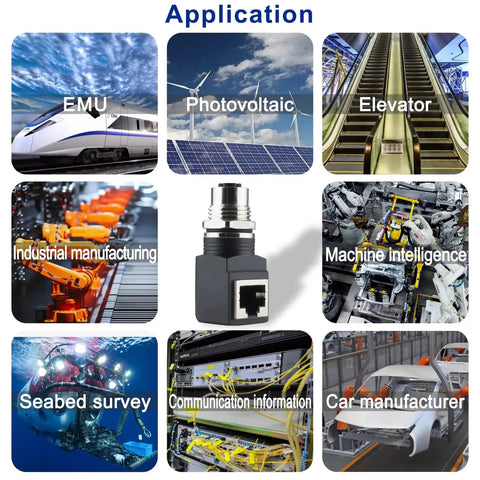 Applications of M12 To RJ45 X Code 8 Pin Shielded IP68 Industrial Ethernet Adapter for Basler Cognex Cameras in various industries.