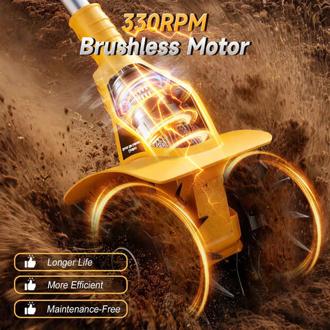 Cordless Garden Tiller Cultivator For 20V Max Battery with Brushless Motor delivering 330 RPM in action on soil