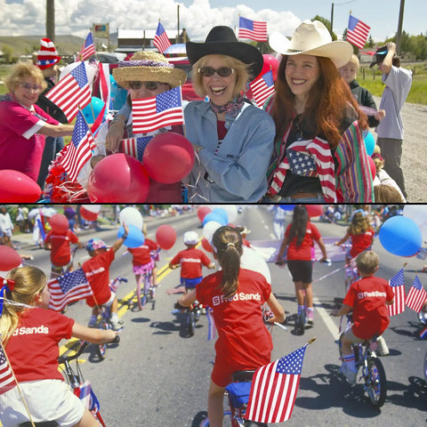 Cool 100 Pack Small American Flags On Sticks 8 By 12 Inch Mini US Flags with people at parade and kids on bikes with flags
