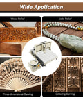 4 Axis USB CNC Router Kit 6090 With MACH Control shows versatility with wood, jade, fan carving, and lettering for various applications.