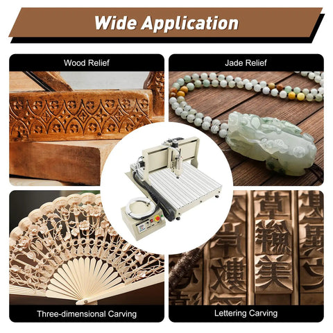 Powerful USB CNC Router Engraver 6090 With 2.2KW Spindle showcasing wood, jade, lettering, and 3D carving applications