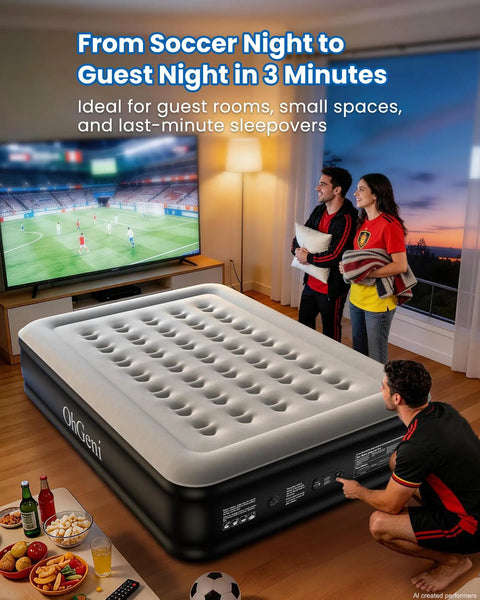 Queen Air Mattress With Built In Pump And 18 Inch Raised Design Inflatable Blow Up Bed For Home Or Camping in living room setup