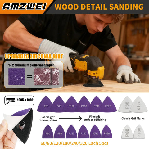 AMZWEI wood detail sanding disc set with purple zirconia grit, P60–P320, 5pcs each, hook-and-loop