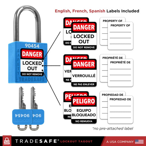 Blue Lockout Tagout Padlock Set With Seven Keyed Different Locks And Two Keys Per Lock, OSHA Compliant Safety Locks shown with labels in English, French, Spanish.