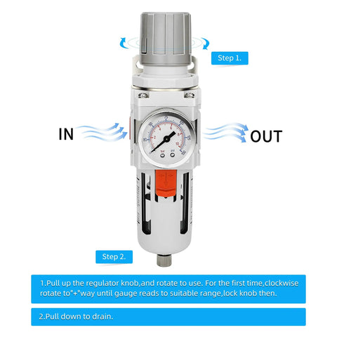 Front view of Three Eighth Inch NPT Air Filter Regulator Combo with Five Micron Brass Element, showing gauge and air flow directions.
