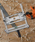 Adjustable Stainless Steel Edge Guide Positioner For Cutters And Grinders Heckin Solid Heavy Duty Metal Workshop Fence on wooden workbench.