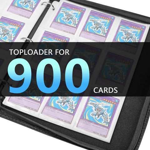 900-Card Capacity Top Loader Binder For 3x4 Cards, open view showing trading cards in 9-pocket pages.