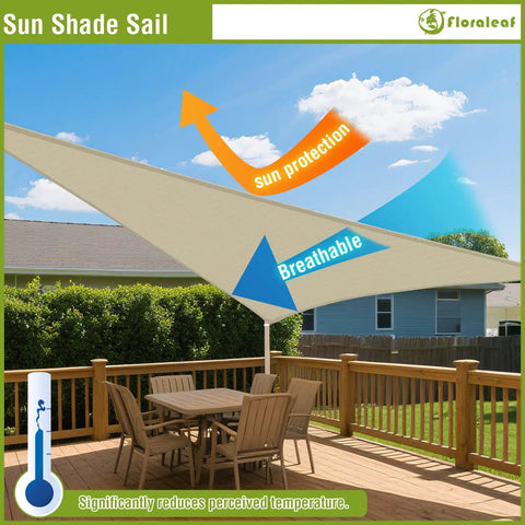 Beige Triangle Sun Shade Sail 6x6x6 Heavy Duty Canopy UV Block Air Permeable HDPE Shade Cloth installed over patio