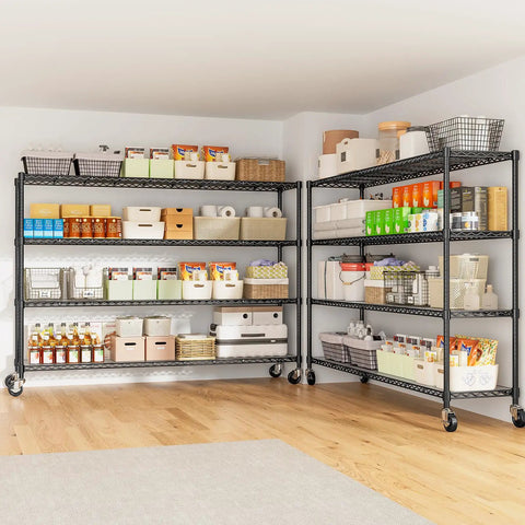 Beefy 60 Inch Wire Shelving With Wheels Heavy Duty Garage Shelving Rack On Casters Adjustable Wire Shelves With Liners Fits 27 Gallon Totes Ideal For Commercial And Warehouse Storage 60 Inch Wide 18 Inch Deep 63 Inch Tall in pantry storage room