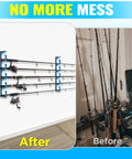 Garage Wall Or Ceiling Mounted Fishing Rod Holder With Soft TPU Protective Pad holding rods neatly in a garage.