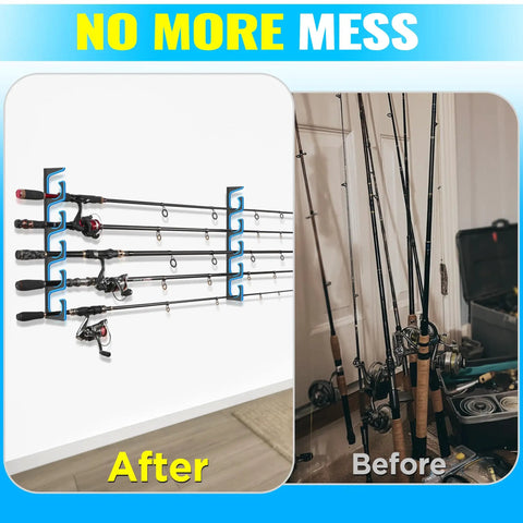 Garage Wall Or Ceiling Mounted Fishing Rod Holder With Soft TPU Protective Pad holding rods neatly in a garage.