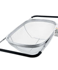 6-Quart Over The Sink Stainless Steel Colander With Expandable Rubber Handles, Collapsible Rectangular Strainer with label on handle