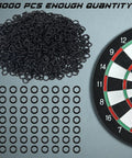 1000 Pcs Dart O Ring Assortment Kit With Beefy Rubber Seals next to dartboard, showing rubber rings and quantity.