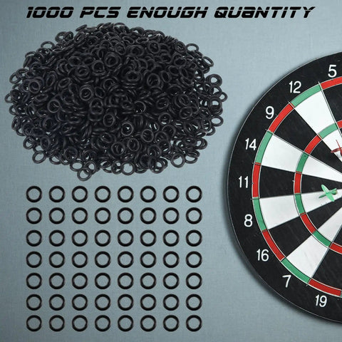 1000 Pcs Dart O Ring Assortment Kit With Beefy Rubber Seals next to dartboard, showing rubber rings and quantity.