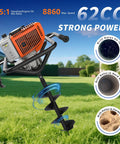 62cc Gas Powered Post Hole Digger With 2 Extension Rods And 6 Inch And 8 Inch Auger Bits in garden setting