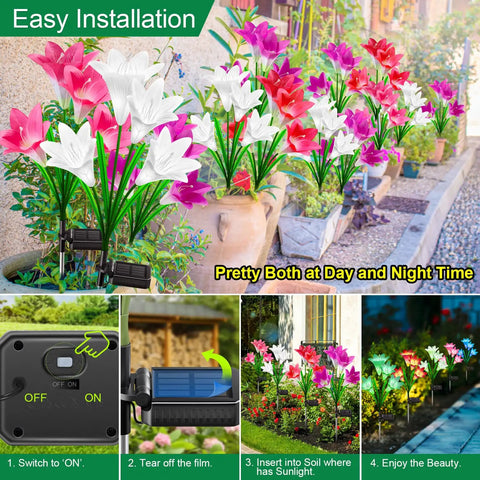 Lit Seven Color Changing Solar Lily Garden Lights With 24 LED Petals shown installed outdoors in a garden pathway, 6-pack