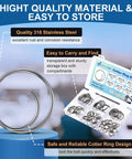 66 Piece Stainless Steel Cotter Ring Kit In 5 Sizes With 316 Grade Pins shown in storage box, highlighting rust resistance and durability.