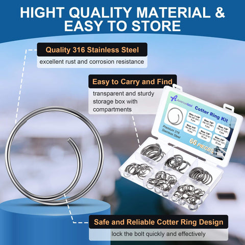 66 Piece Stainless Steel Cotter Ring Kit In 5 Sizes With 316 Grade Pins shown in storage box, highlighting rust resistance and durability.