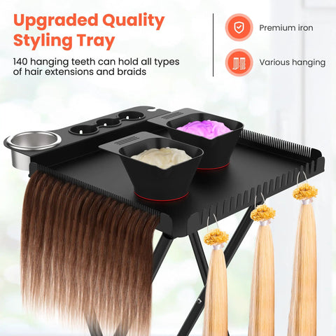 Pro Grade Hair Styling Station Cart With Foldable X Shaped Base Metal Rolling Hair Stylist Trolley with styling tray.