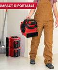Person holding Heavy Duty Three Speed Floor Fan with 156W 550 CFM air mover, showcasing compact and portable design.