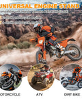 Motorcycle Engine Stand For Vertical Single Cylinder 2 Stroke Or 4 Stroke Motors, Heavy-Duty Engine Stand For Motorcycles, ATVs, Dirt Bikes, Secure Mounting, Easy Adjustment And Maintenance displayed with motorcycle and ATV images