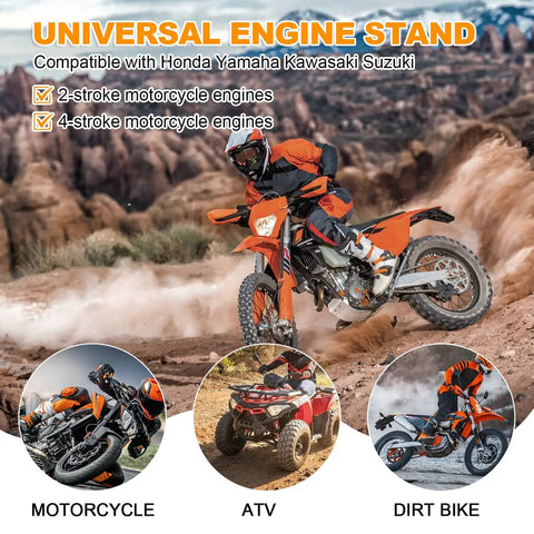 Motorcycle Engine Stand For Vertical Single Cylinder 2 Stroke Or 4 Stroke Motors, Heavy-Duty Engine Stand For Motorcycles, ATVs, Dirt Bikes, Secure Mounting, Easy Adjustment And Maintenance displayed with motorcycle and ATV images
